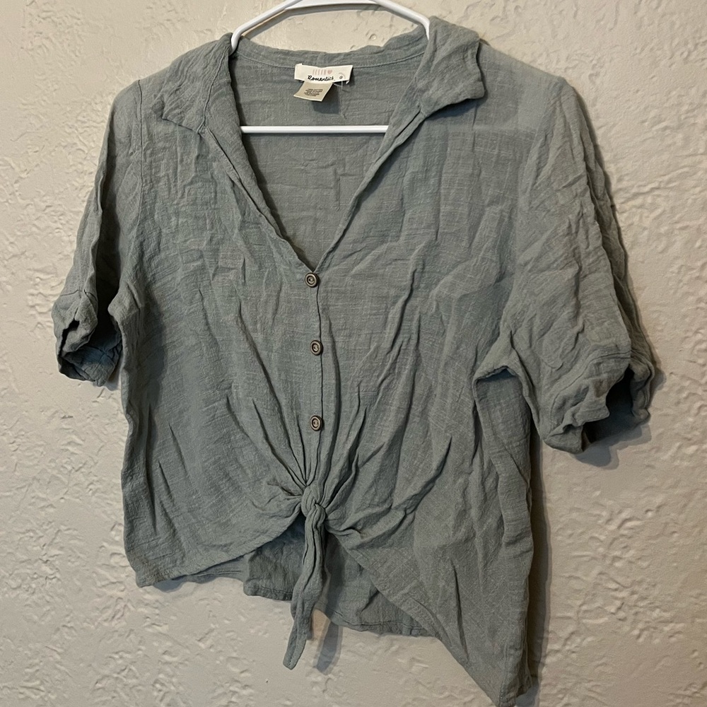 Button down linen shirt with tie waist